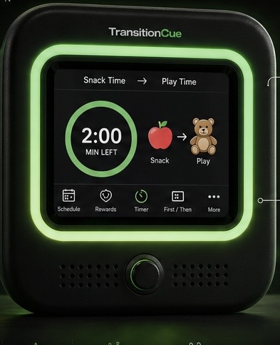TransitionCue device showing a Snack to Play transition with a green countdown ring